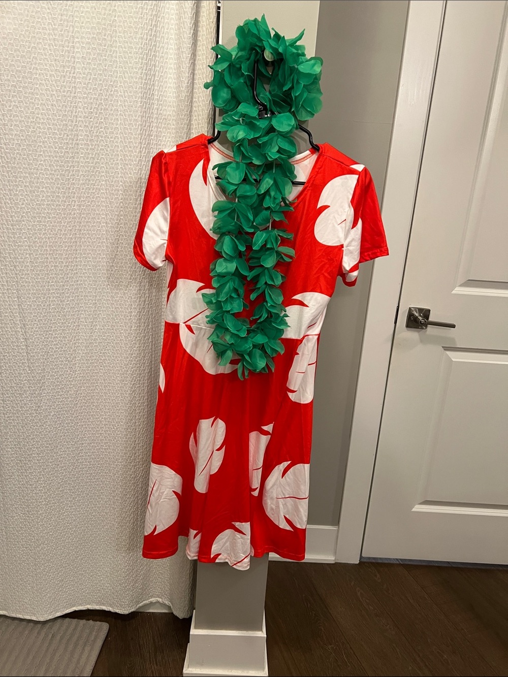 Red Floral Midi Dress with White Leaf Print